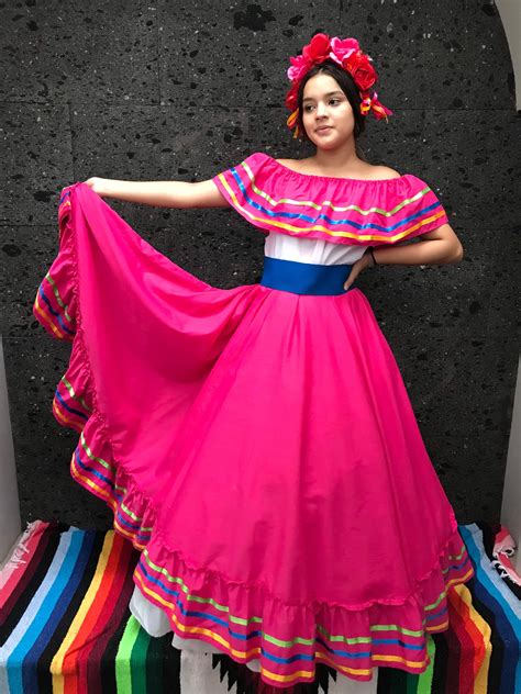 Mexican 90cm Dress With Top Pink Handmade Beautiful Frida Kahlo Style Womans Mexican Boho