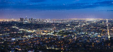Usa Los Angeles Skyline At Night Panorama Stock Photo