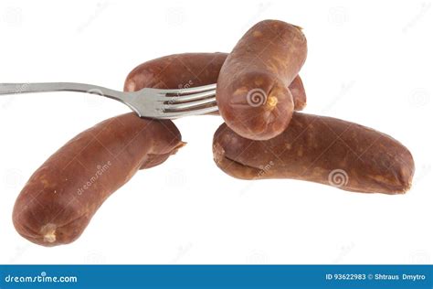 Sausages And Metal Fork Isolated On White Stock Image Image Of