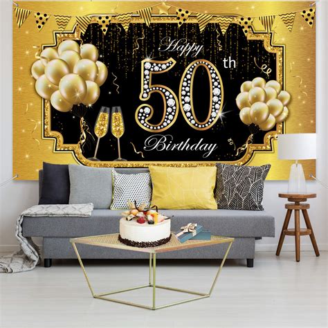 Happy Th Birthday Backdrop Banner Extra Large Fabric Black Gold Anniversary Sign Poster