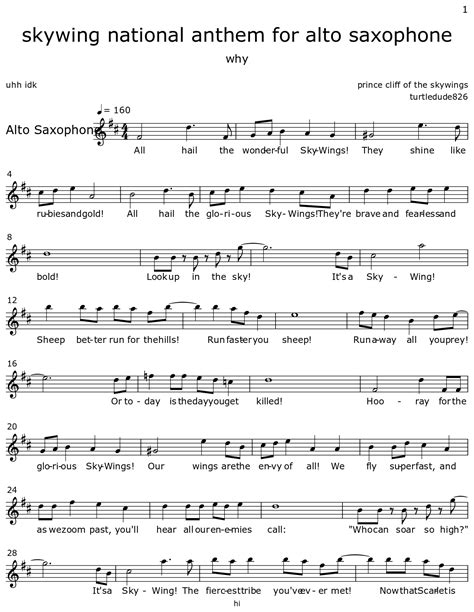 Skywing National Anthem For Alto Saxophone Sheet Music For Alto Saxophone