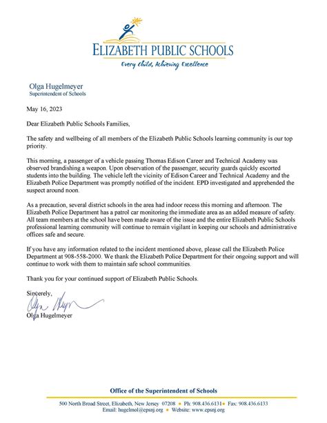 Letter to EPS families- Weapon in Passing Vehicle at Edison Career and