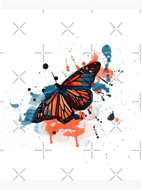 Monarch Butterfly Watercolor Art Orange Blue Paint Splatter Poster