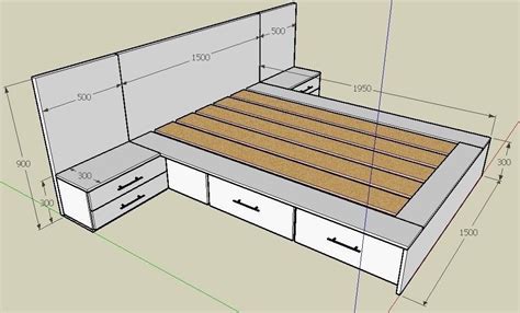 A Drawing Of A Bed Frame With Drawers On The Bottom And Sides Along