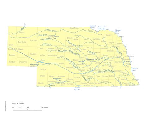 State Of Nebraska Water Feature Map And List Of County Lakes Rivers