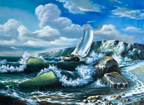 Wallpaper Waves Boats Sailing Clouds Painting Art
