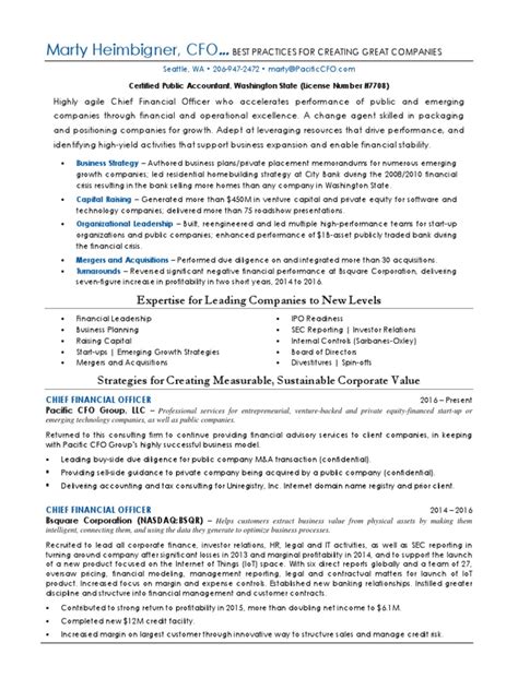 You make the financial plan in collaboration with the ceo, and then your bonus is based on meeting those sacred. Strategic Chief Financial Officer In Seattle WA Resume ...