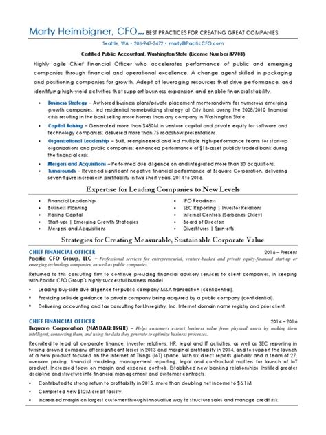 Developing, establishing and directing execution of operating policies, processes, procedures and tools to…. Strategic Chief Financial Officer In Seattle WA Resume ...