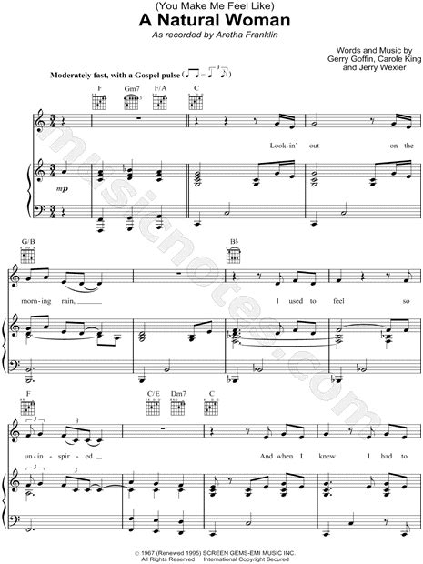 aretha franklin you make me feel like a natural woman sheet music in c major transposable