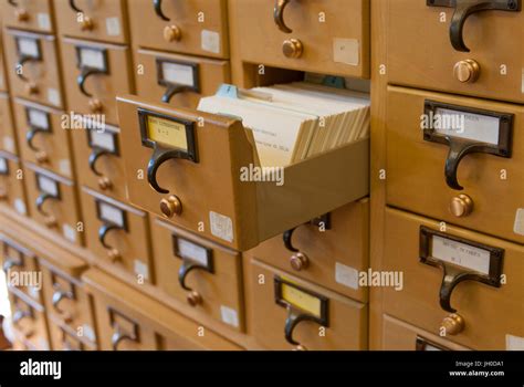 A Wooden Drawer Card Catalog In A Library Using The Dewey Decimal