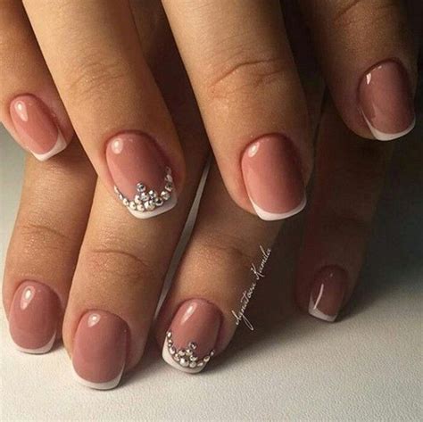The french manicure gradient works well on shorter nails as there isn't a sharp white edge that shows where the nail bed ends and the nail tip begins. wedding nail art short french rhinestones | Wedding ...