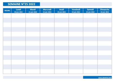 Semaine 25 2022 Dates Calendrier Et Planning Hebdomadaire à Imprimer
