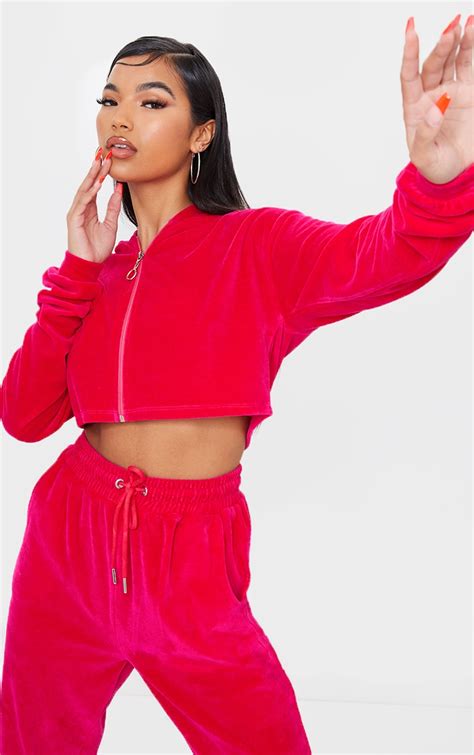 Bright Pink Velour Zip Through Cropped Hoodie Prettylittlething