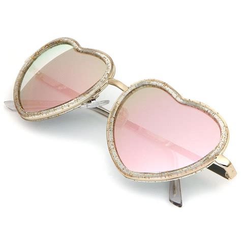 Sunglasses Luxe Heart Shaped Pink Revo Rose Gold Glitter Color Mirrored Gold