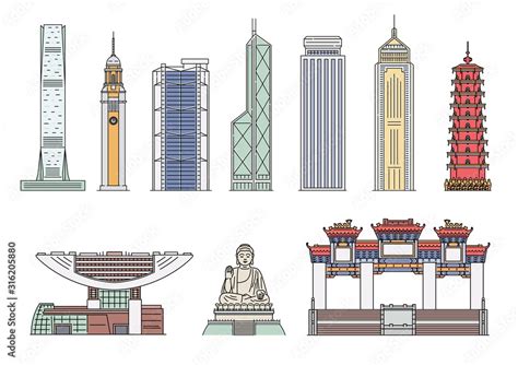 Landmark Hong Kong Building Icon Set Isolated On White Background Stock