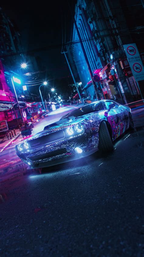 2k Free Download Challenger Dodge Night Blue Car City Glow Neon
