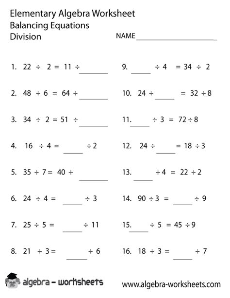 Division Elementary Algebra Worksheet Printable