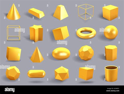 Realistic 3d Gold Shapes Golden Metal Geometric Shape Shiny Yellow