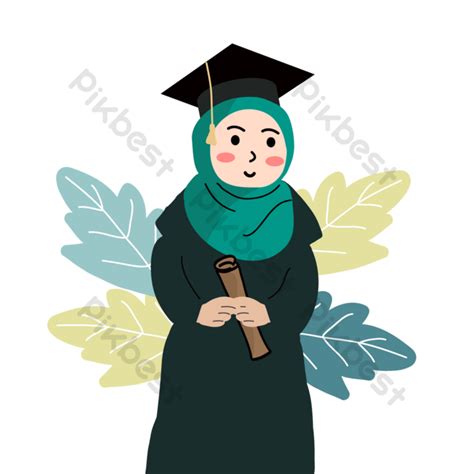 Potret Karakter Kelulusan Muslim Siswi Hijab Hijau Elemen Grafis