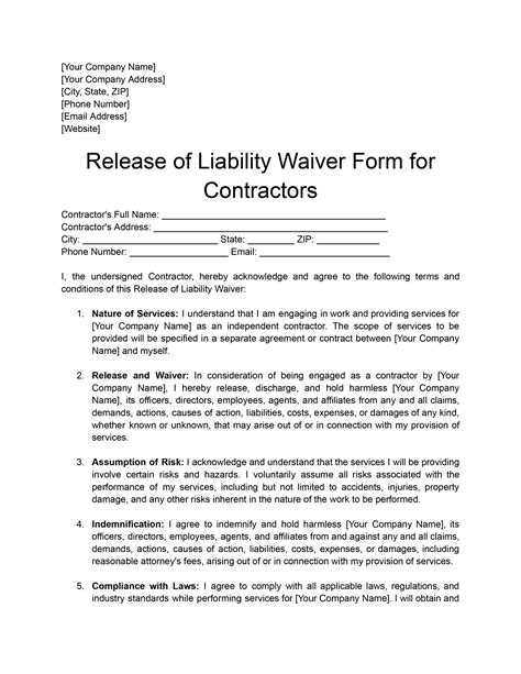Waiver Of Liability Form For Contractors Download And Print For Free