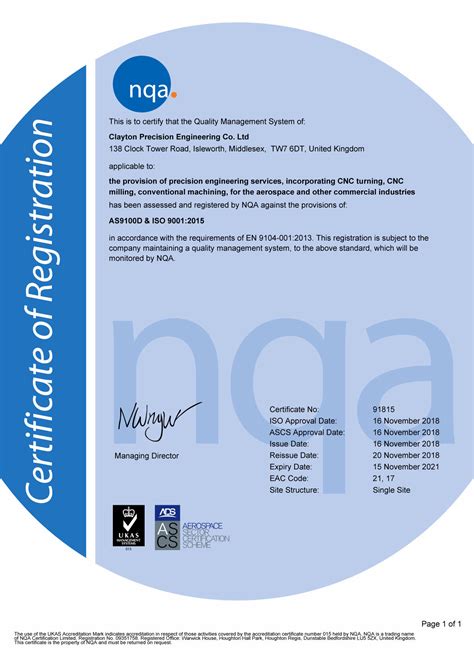 Certificate Nqa As9100d And Iso9001 2015 Clayton Precision Engineering