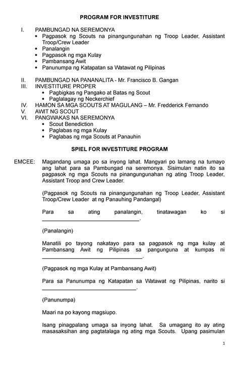 Investiture program tagalog - PROGRAM FOR INVESTITURE I. PAMBUNGAD NA