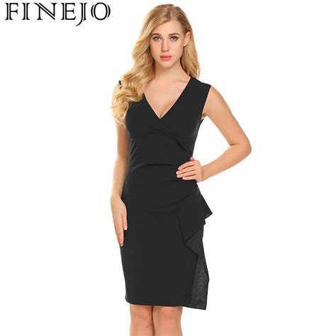 finejo pencil dress women summer 2018 sexy party solid fashion v neck sleeveless ruched bodycon