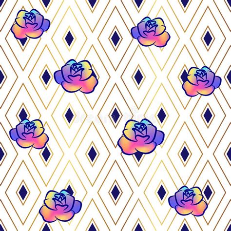 Geometric Rose Flower Seamless Pattern In Rainbow Or Multi Color Stock