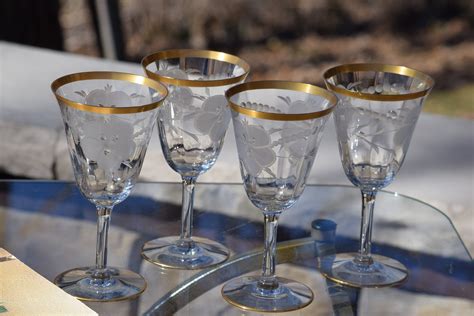 6 vintage gold rimmed etched wine glasses 1950 s gold rimmed etched water goblets vintage