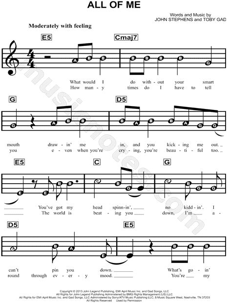 John Legend All Of Me Sheet Music For Beginners In C Major Download And Print Piano Sheet