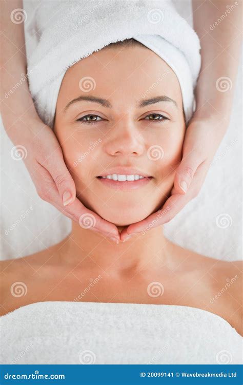 Portrait Of A Smiling Brunette Having Massage Stock Image Image Of Caucasian Cosmetics