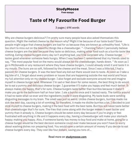 Taste Of My Favourite Food Burger Free Essay Example