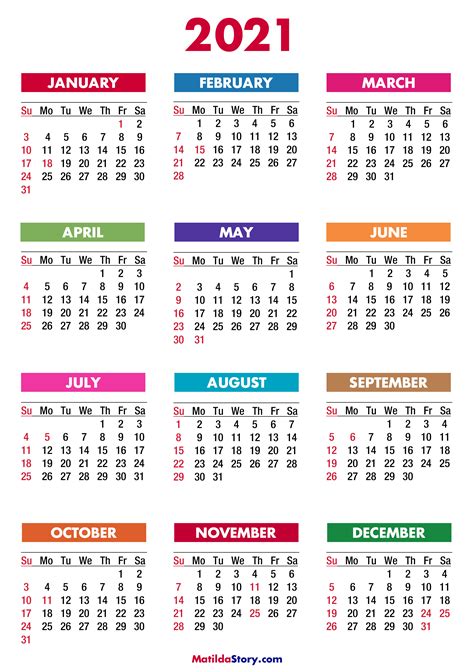 2021 Calendar With Holidays Printable Free Colorful Sunday Start