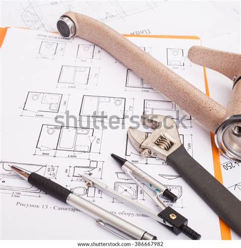 Technical Drawings Pencil Compasses Tap Wrench Stock Photo 386667982