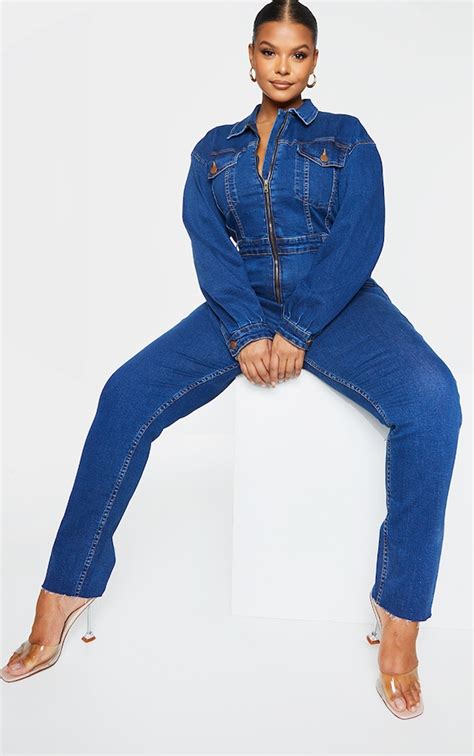 Plus Mid Blue Wash Denim Zip Front Jumpsuit Prettylittlething