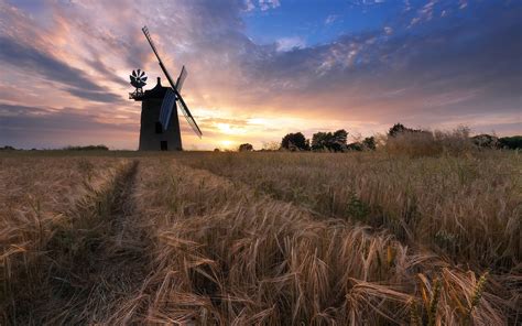 Wallpaper Windmill Wheat Field Clouds Sunset 1920x1200 Hd Picture Image