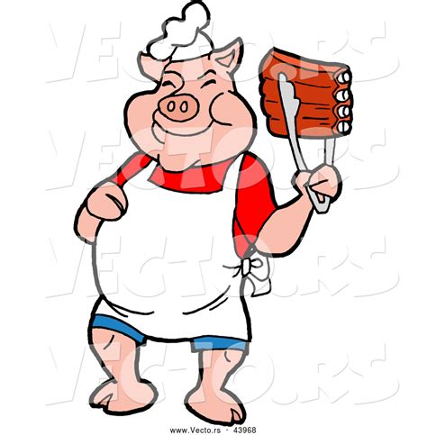 Vector Of A Smiling Cartoon Pig Chef Holding Up Tasty Bbq Ribs With