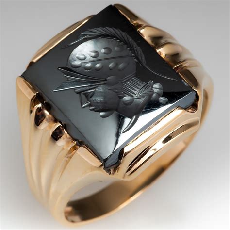 Vintage Mens Soldier Intaglio Hematite Ring 10k Gold