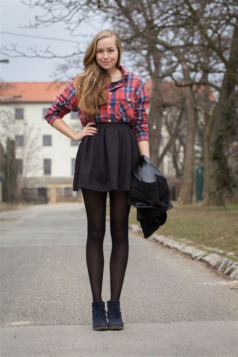 Tartan Skirt Black Pleated Skirt And Sheer Black Pantyhose