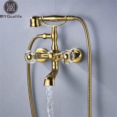 Golden Bathtub Faucet Dual Crystal Handle Bath Shower Set Mixer Faucet Wall Mount Tub Sink Tap