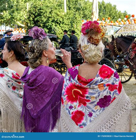 Women Wearing Flamenco Dress At The April Fair Feria De Abril Seville