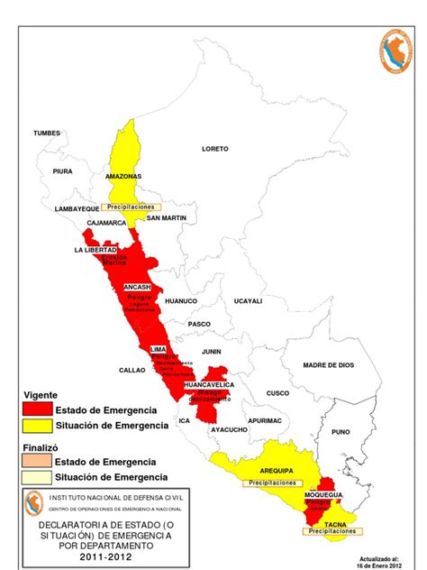 Este estado de emergencia se dicta, generalmente, en caso de perturbación de la paz o del orden interno de un estado. Mapa Declaratoria de Estado de Emergencia DEE (16.01.2012) | Perú | Comunidad andina