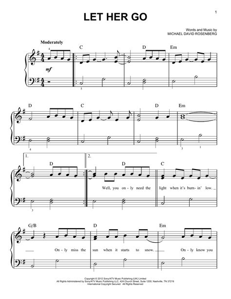 Let Her Go Sheet Music By Passenger Easy Piano 152009