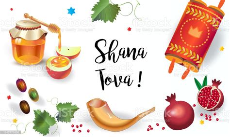 Shana tova greeting card with happy kids holding rosh hashana symbols, appla, pomegranate and honey. Rosh Hashanah Greeting Card Shana Tova Wishes Text Torah Honey And Apple Vector Stock ...