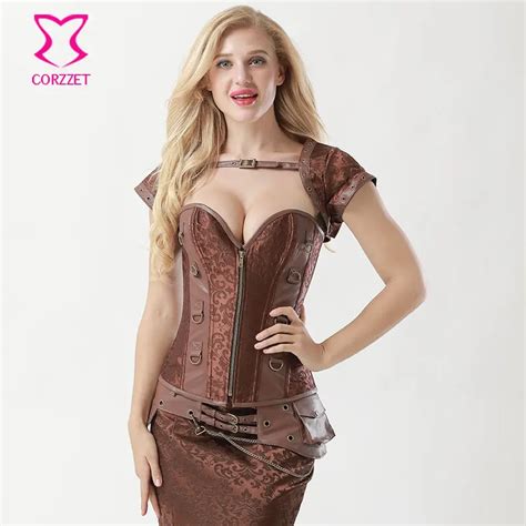 Vintage Brown Brocade Faux Leather Steampunk Corset Jacket Burlesque Outfits Steel Boned Corsets