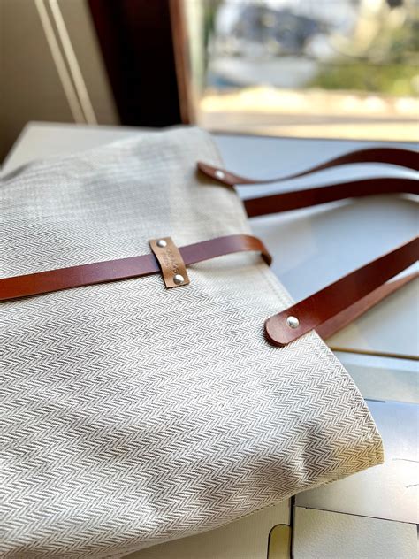 Linen Tote Bag With Leather Bottom And Leather Shoulder Etsy Australia