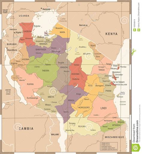 Tansania Karte Weinlese Ausführliche Vektor Illustration Stock