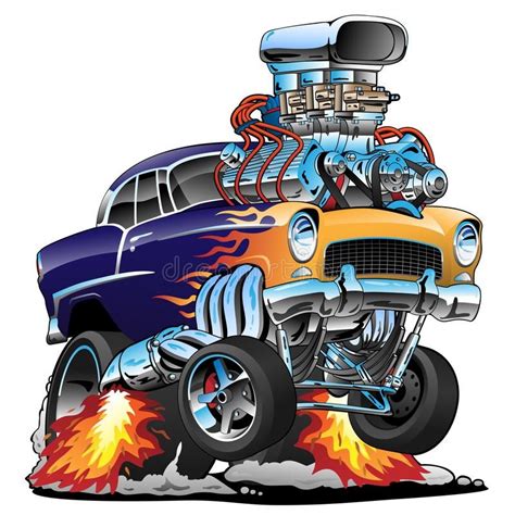 Classic Hot Rod Muscle Car Flames Big Engine Cartoon Vector