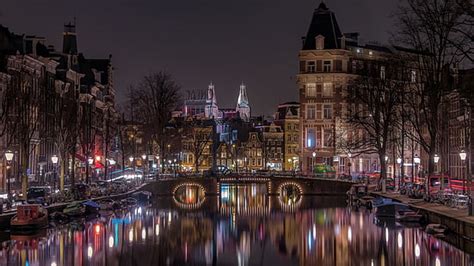 Hd Wallpaper Buildings City Night Lights Amsterdam Reflections