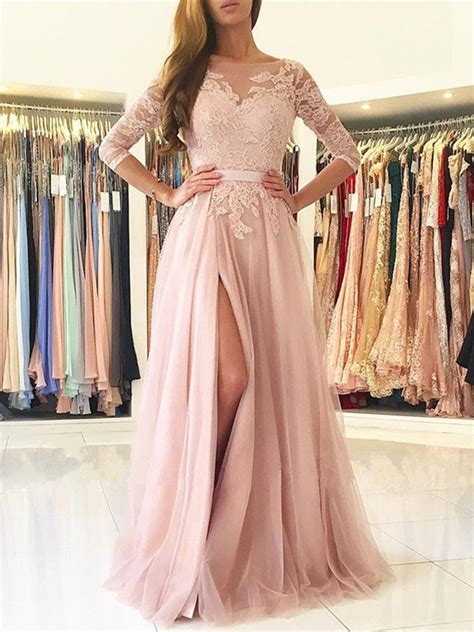A Line 34 Sleeves Backless Lace Pink Long Prom Dresses With High Slit